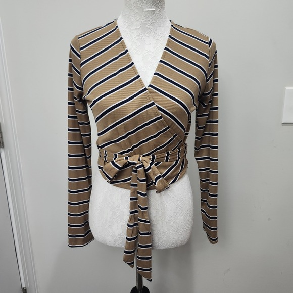 NWT Final Touch Ribbed Knit Tie Front Top M Tan Black White Stripes USA Made‎ - Picture 2 of 10